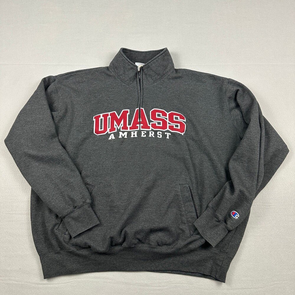 UMASS Minutemen Hoodie Men 2XL Gray Champion 1/4 Zip Pullover Sweatshirt XXL